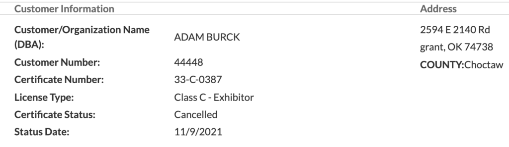 Adam Burck USDA license cancelled 2021